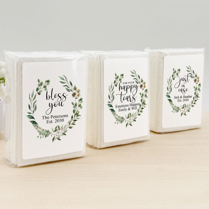 Personalized Wedding Guest Tissues, Happy Tears, Greenery Wreath, Pocket Size Tissue Packs