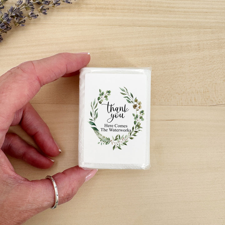 Personalized Wedding Guest Tissues, Happy Tears, Greenery Wreath, Pocket Size Tissue Packs