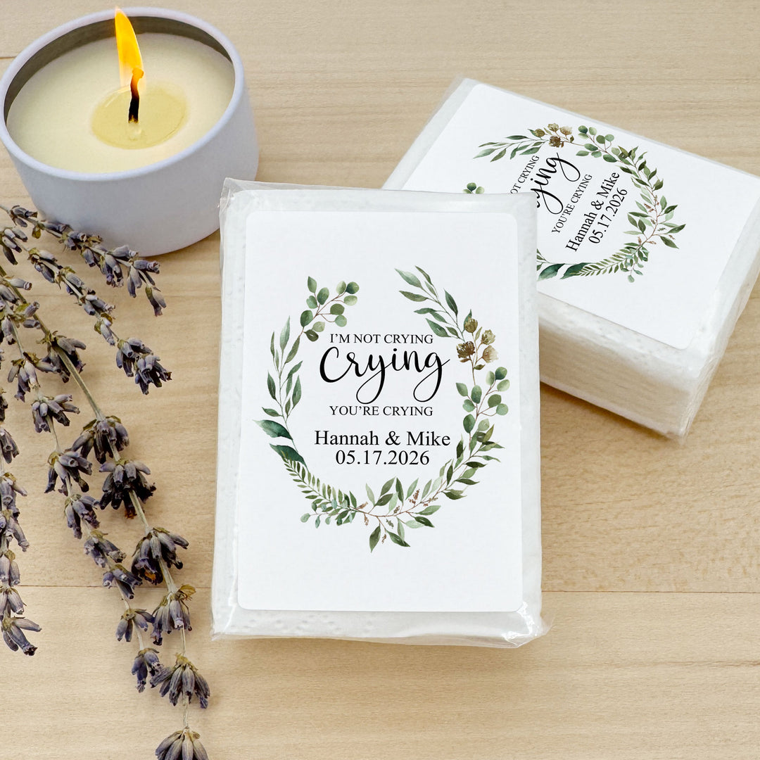 Personalized Wedding Guest Tissues, Happy Tears, Greenery Wreath, Pocket Size Tissue Packs