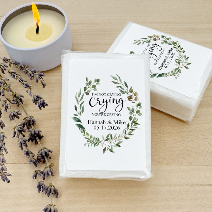 Personalized Wedding Guest Tissues, Happy Tears, Greenery Wreath, Pocket Size Tissue Packs