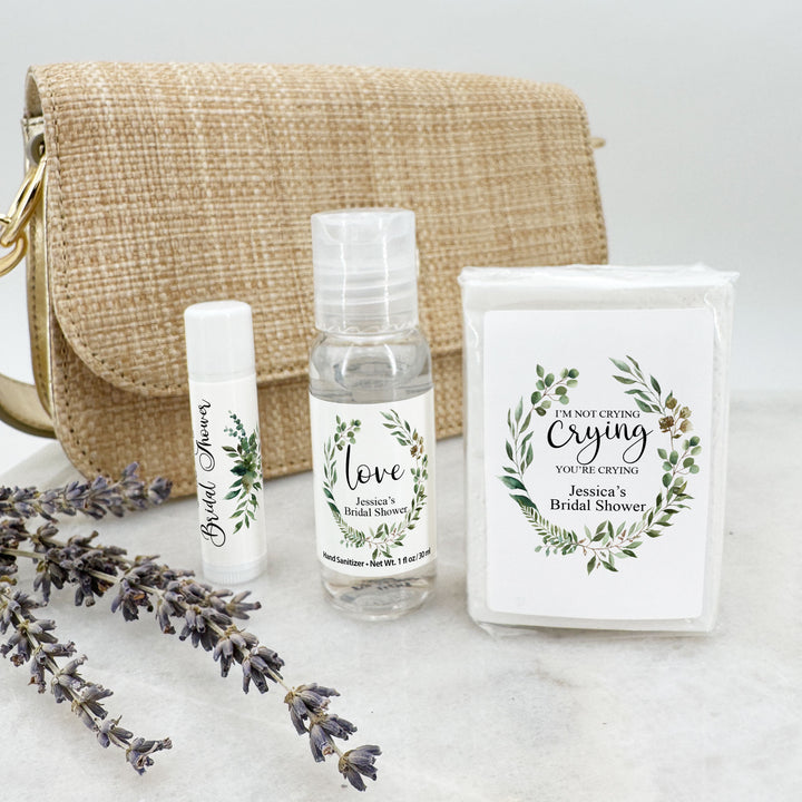 Personalized Wedding Guest Tissues, Happy Tears, Greenery Wreath, Pocket Size Tissue Packs
