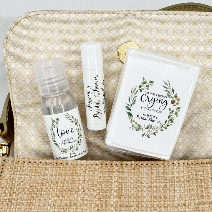 Personalized Wedding Guest Tissues, Happy Tears, Greenery Wreath, Pocket Size Tissue Packs