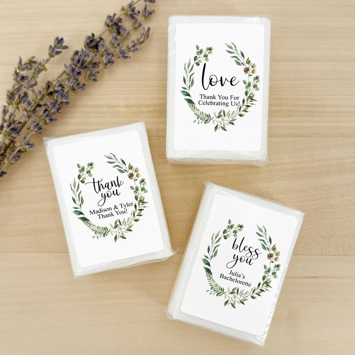 Personalized Wedding Guest Tissues, Happy Tears, Greenery Wreath, Pocket Size Tissue Packs