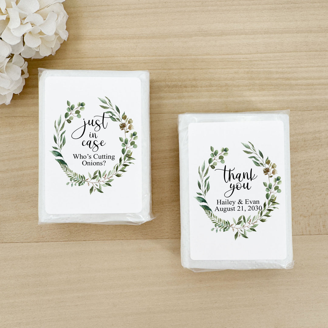 Personalized Wedding Guest Tissues, Happy Tears, Greenery Wreath, Pocket Size Tissue Packs