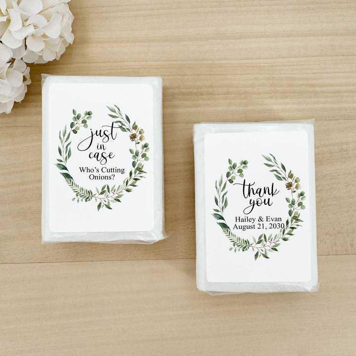Personalized Wedding Guest Tissues, Happy Tears, Greenery Wreath, Pocket Size Tissue Packs