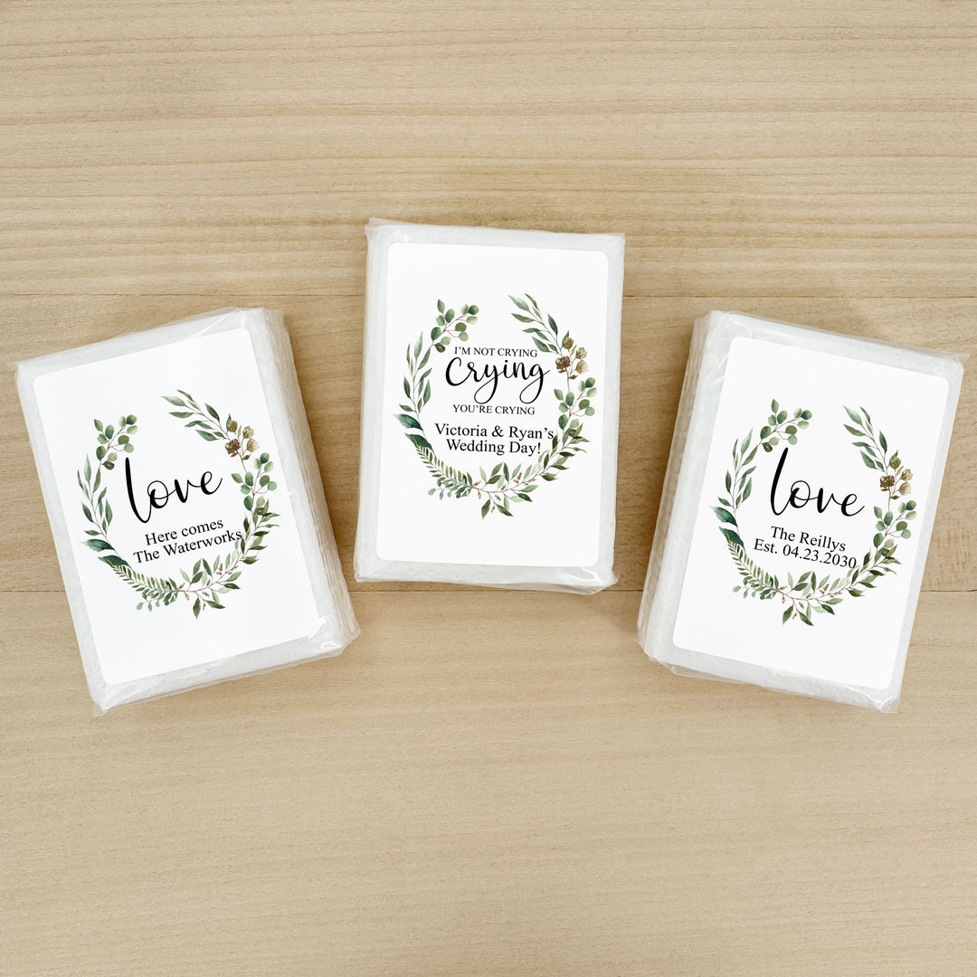 Personalized Wedding Guest Tissues, Happy Tears, Greenery Wreath, Pocket Size Tissue Packs