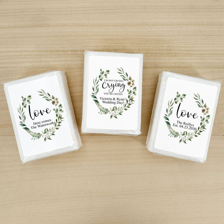 Personalized Wedding Guest Tissues, Happy Tears, Greenery Wreath, Pocket Size Tissue Packs