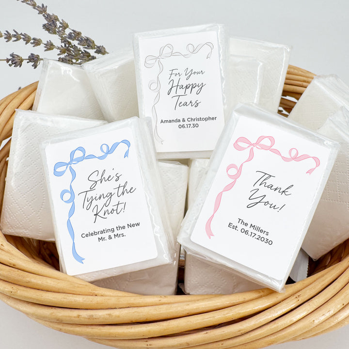 Personalized Wedding Guest Tissues, Happy Tears, Ribbon Design, Pocket Size Tissue Packs