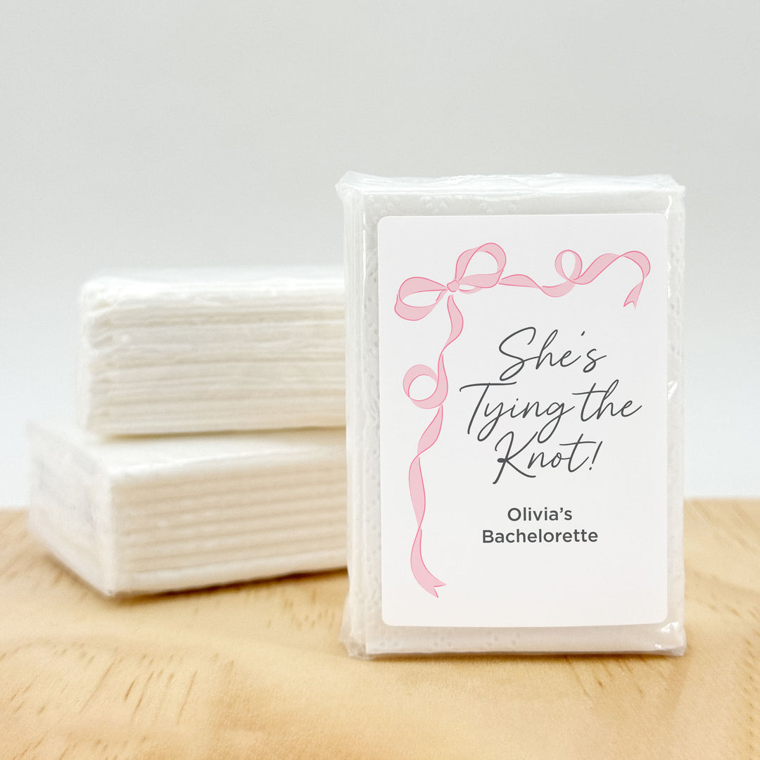 Personalized Wedding Guest Tissues, Happy Tears, Ribbon Design, Pocket Size Tissue Packs
