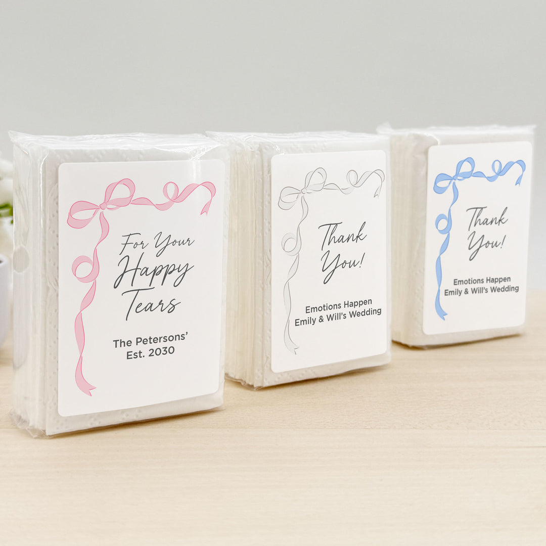 Personalized Wedding Guest Tissues, Happy Tears, Ribbon Design, Pocket Size Tissue Packs