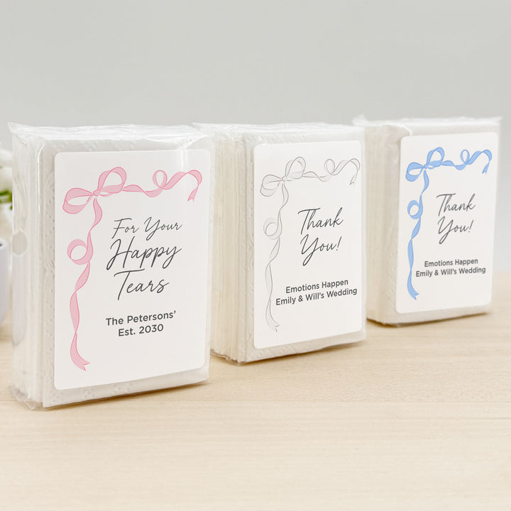 Personalized Wedding Guest Tissues, Happy Tears, Ribbon Design, Pocket Size Tissue Packs