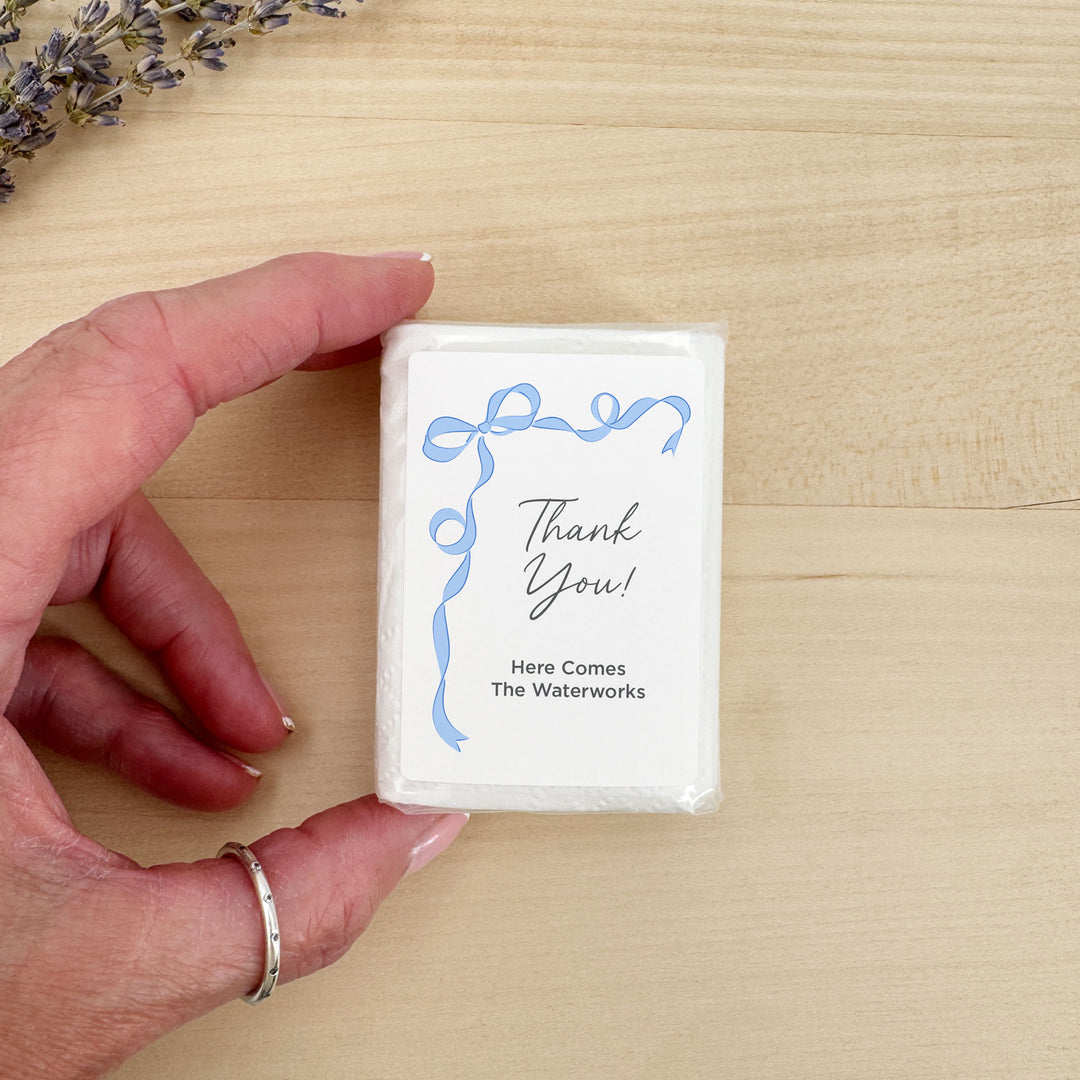Personalized Wedding Guest Tissues, Happy Tears, Ribbon Design, Pocket Size Tissue Packs