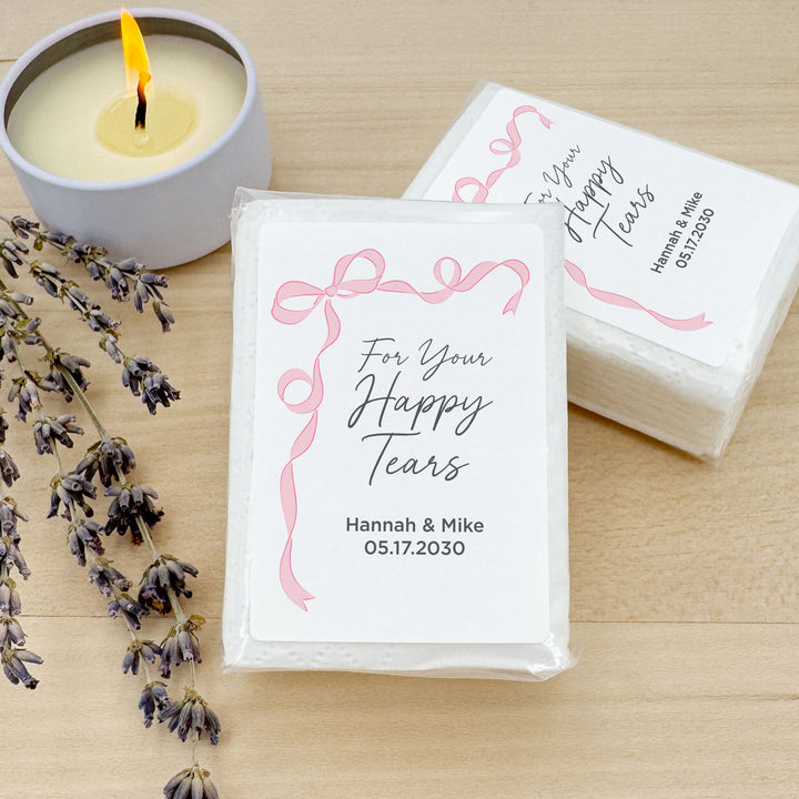 Personalized Wedding Guest Tissues, Happy Tears, Ribbon Design, Pocket Size Tissue Packs
