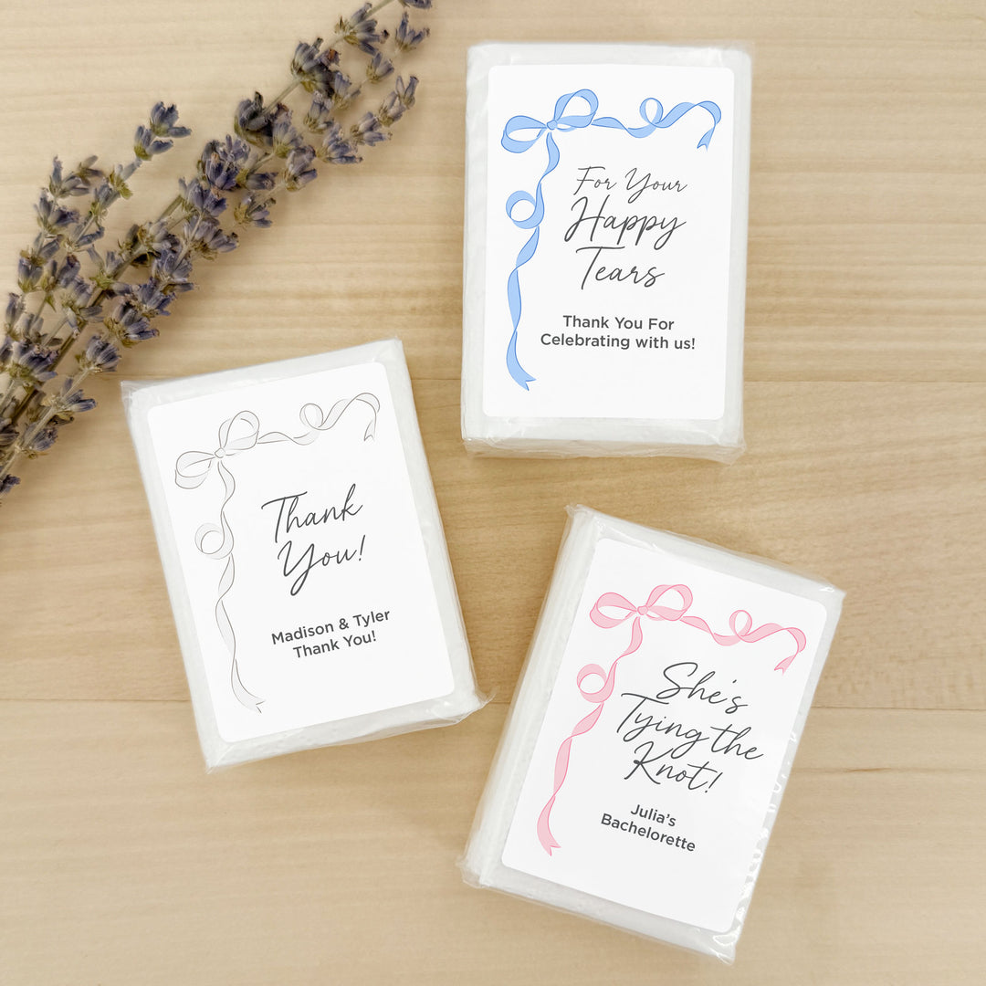Personalized Wedding Guest Tissues, Happy Tears, Ribbon Design, Pocket Size Tissue Packs