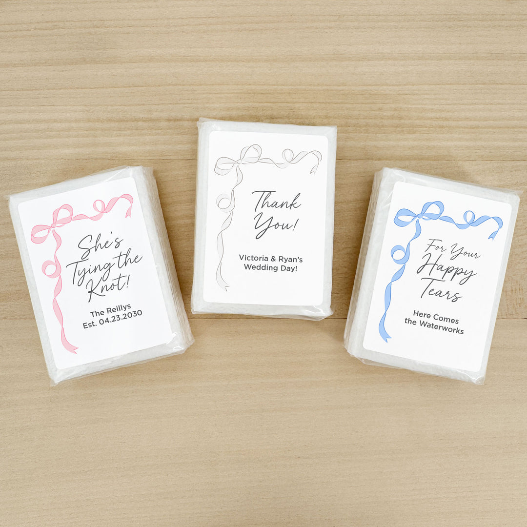 Personalized Wedding Guest Tissues, Happy Tears, Ribbon Design, Pocket Size Tissue Packs