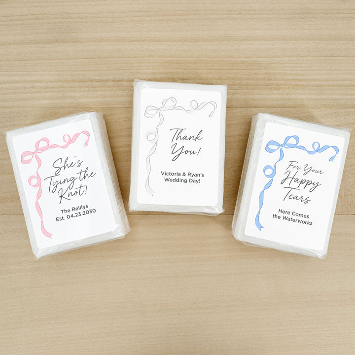 Personalized Wedding Guest Tissues, Happy Tears, Ribbon Design, Pocket Size Tissue Packs