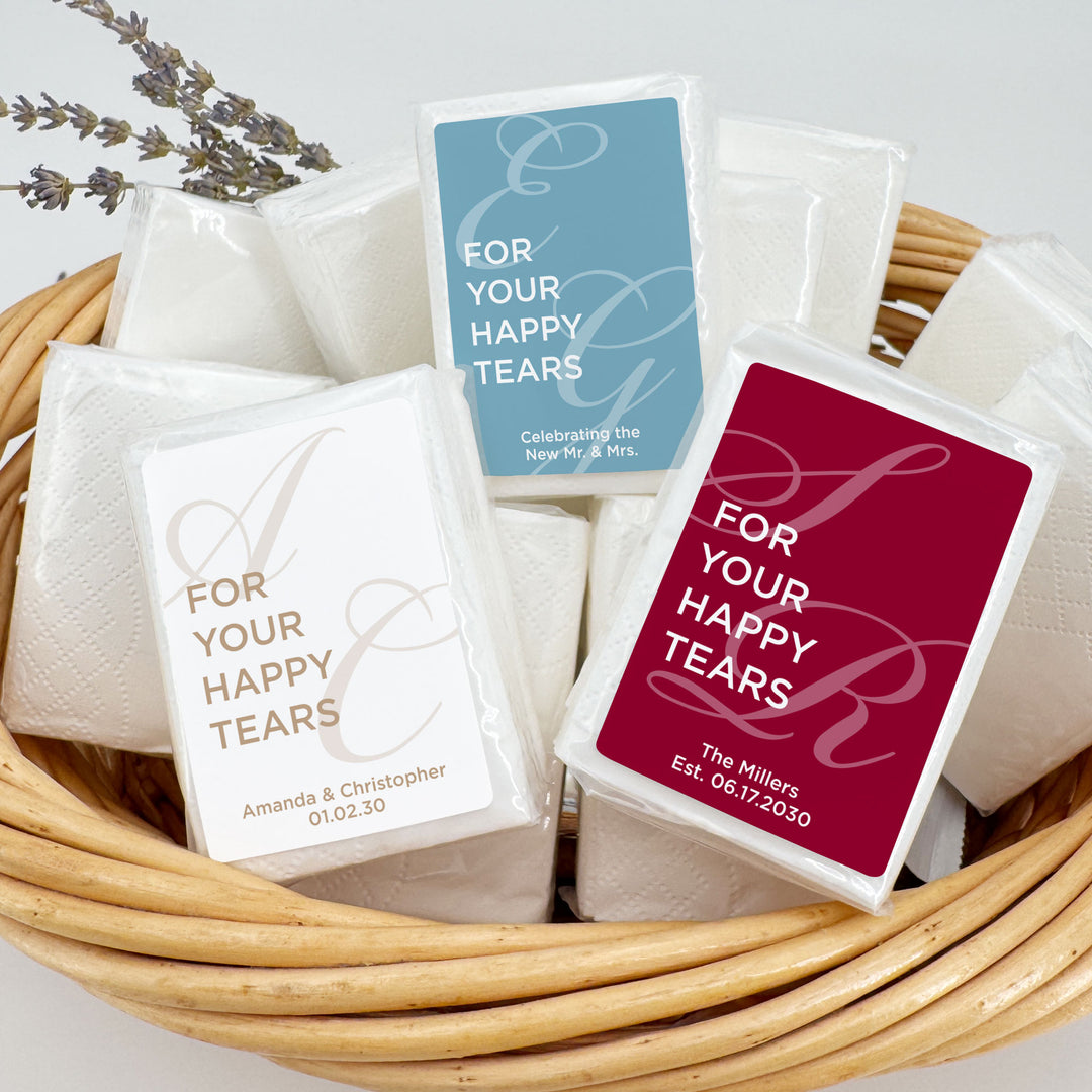 Personalized Wedding Guest Tissues, For Your Happy Tears, Faded Initials, Pocket Size Tissue Packs