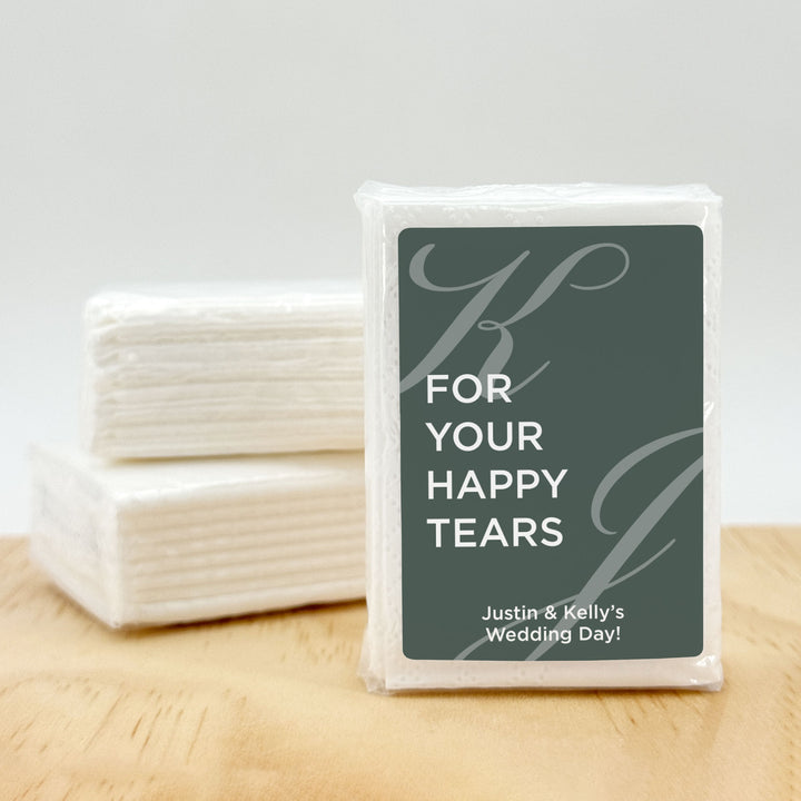 Personalized Wedding Guest Tissues, For Your Happy Tears, Faded Initials, Pocket Size Tissue Packs