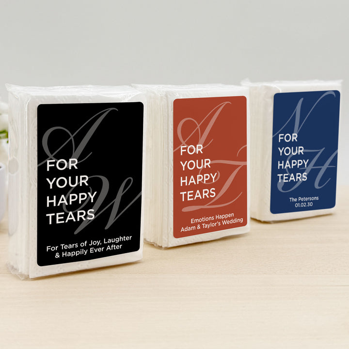 Personalized Wedding Guest Tissues, For Your Happy Tears, Faded Initials, Pocket Size Tissue Packs