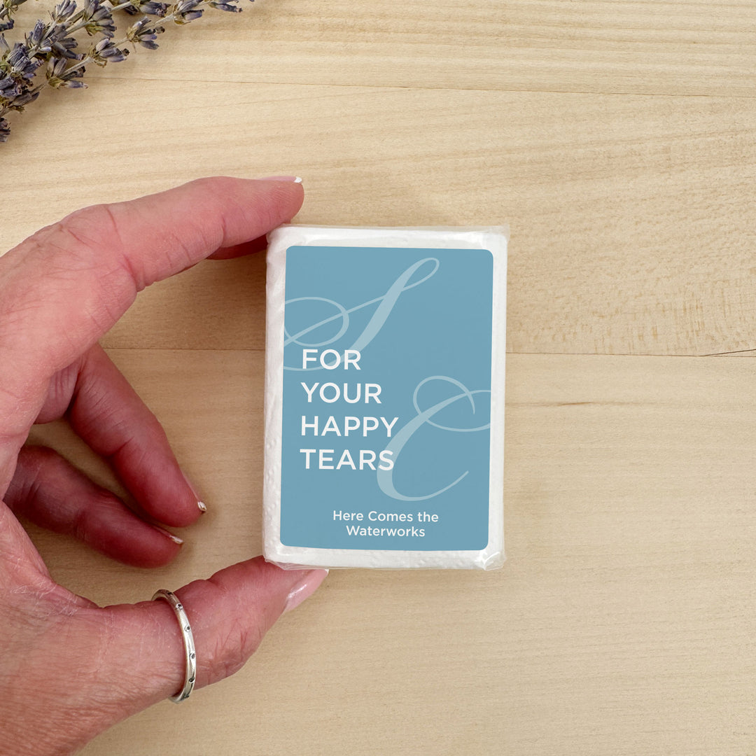 Personalized Wedding Guest Tissues, For Your Happy Tears, Faded Initials, Pocket Size Tissue Packs