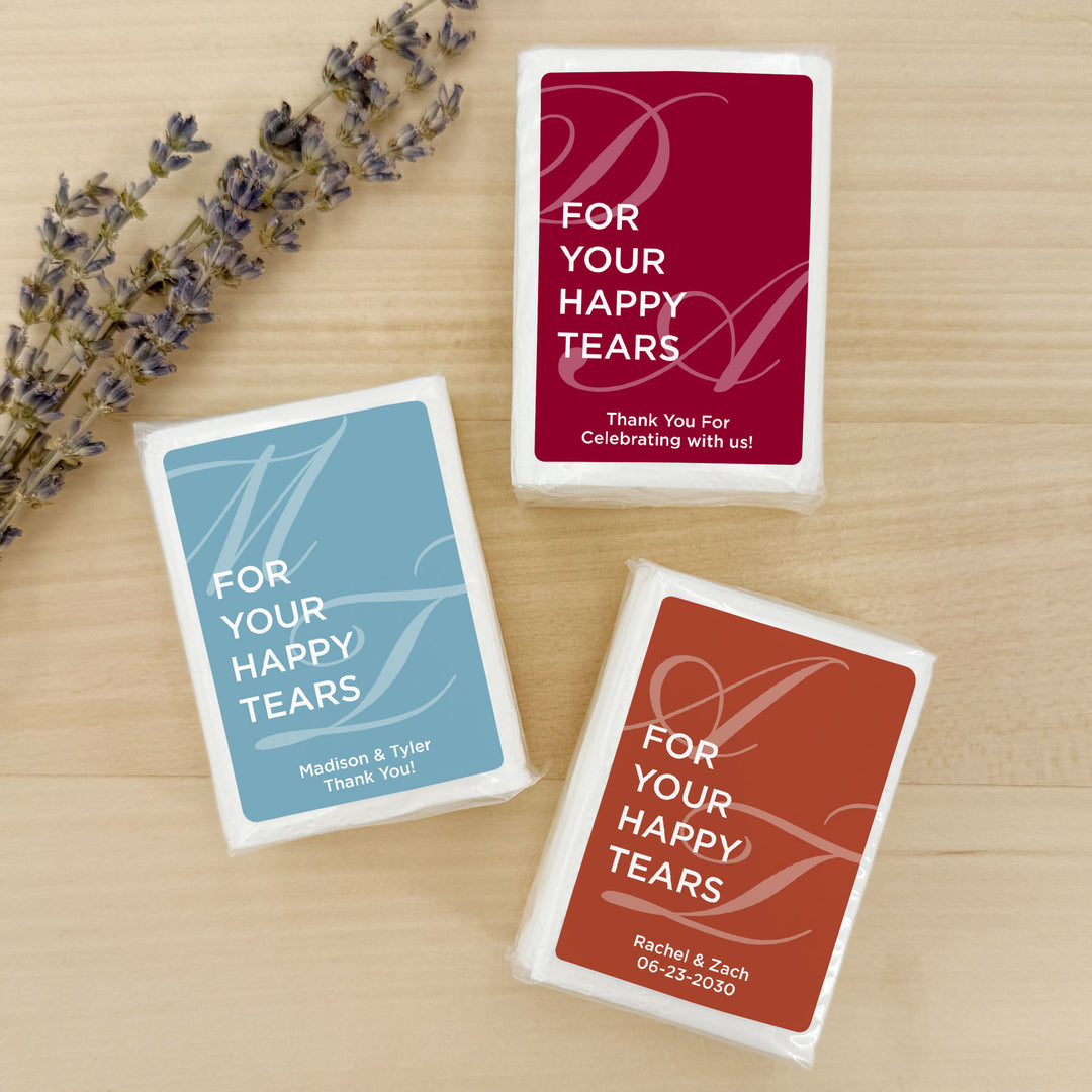 Personalized Wedding Guest Tissues, For Your Happy Tears, Faded Initials, Pocket Size Tissue Packs