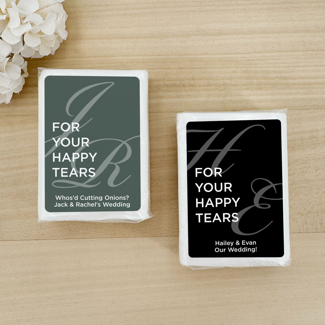 Personalized Wedding Guest Tissues, For Your Happy Tears, Faded Initials, Pocket Size Tissue Packs