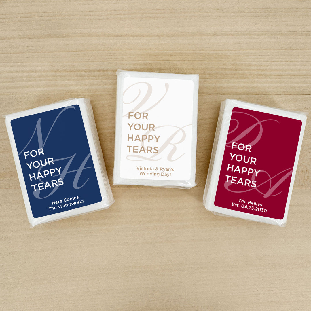 Personalized Wedding Guest Tissues, For Your Happy Tears, Faded Initials, Pocket Size Tissue Packs