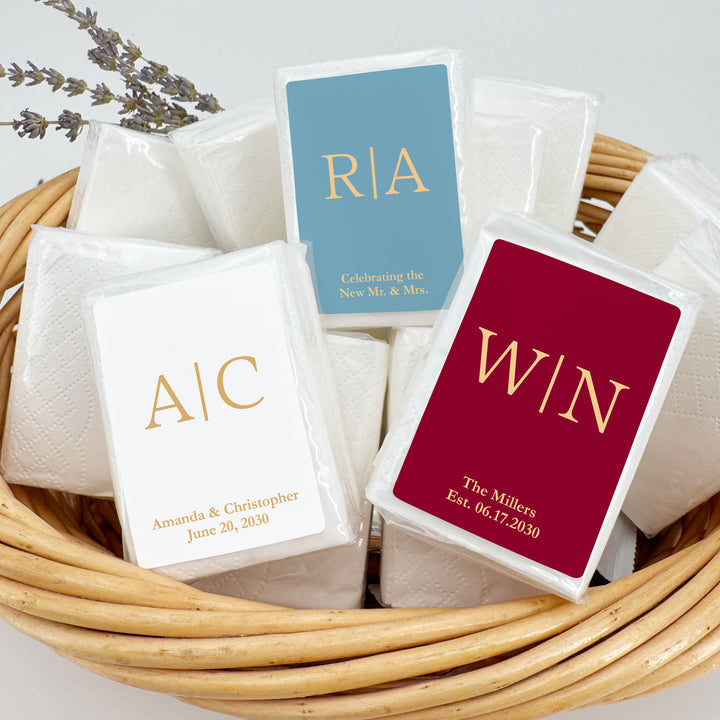 Personalized Wedding Guest Tissues, Gold Initials Monogram, Pocket Size Tissue Packs