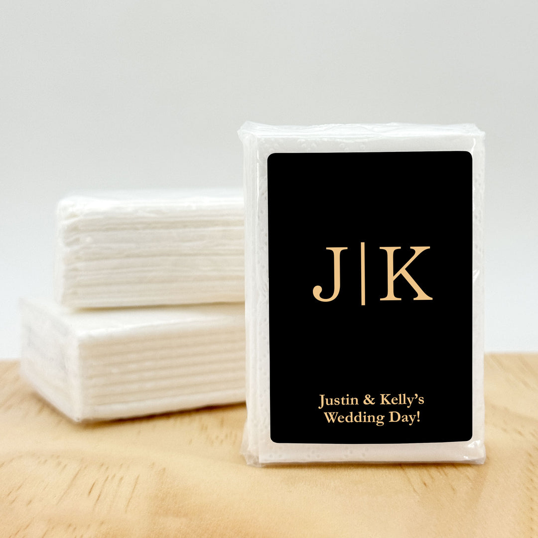 Personalized Wedding Guest Tissues, Gold Initials Monogram, Pocket Size Tissue Packs