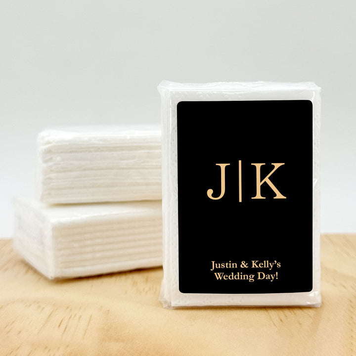 Personalized Wedding Guest Tissues, Gold Initials Monogram, Pocket Size Tissue Packs