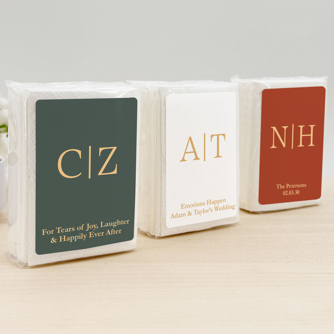 Personalized Wedding Guest Tissues, Gold Initials Monogram, Pocket Size Tissue Packs