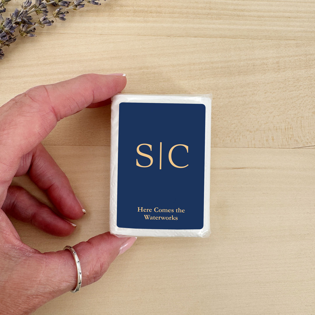 Personalized Wedding Guest Tissues, Gold Initials Monogram, Pocket Size Tissue Packs