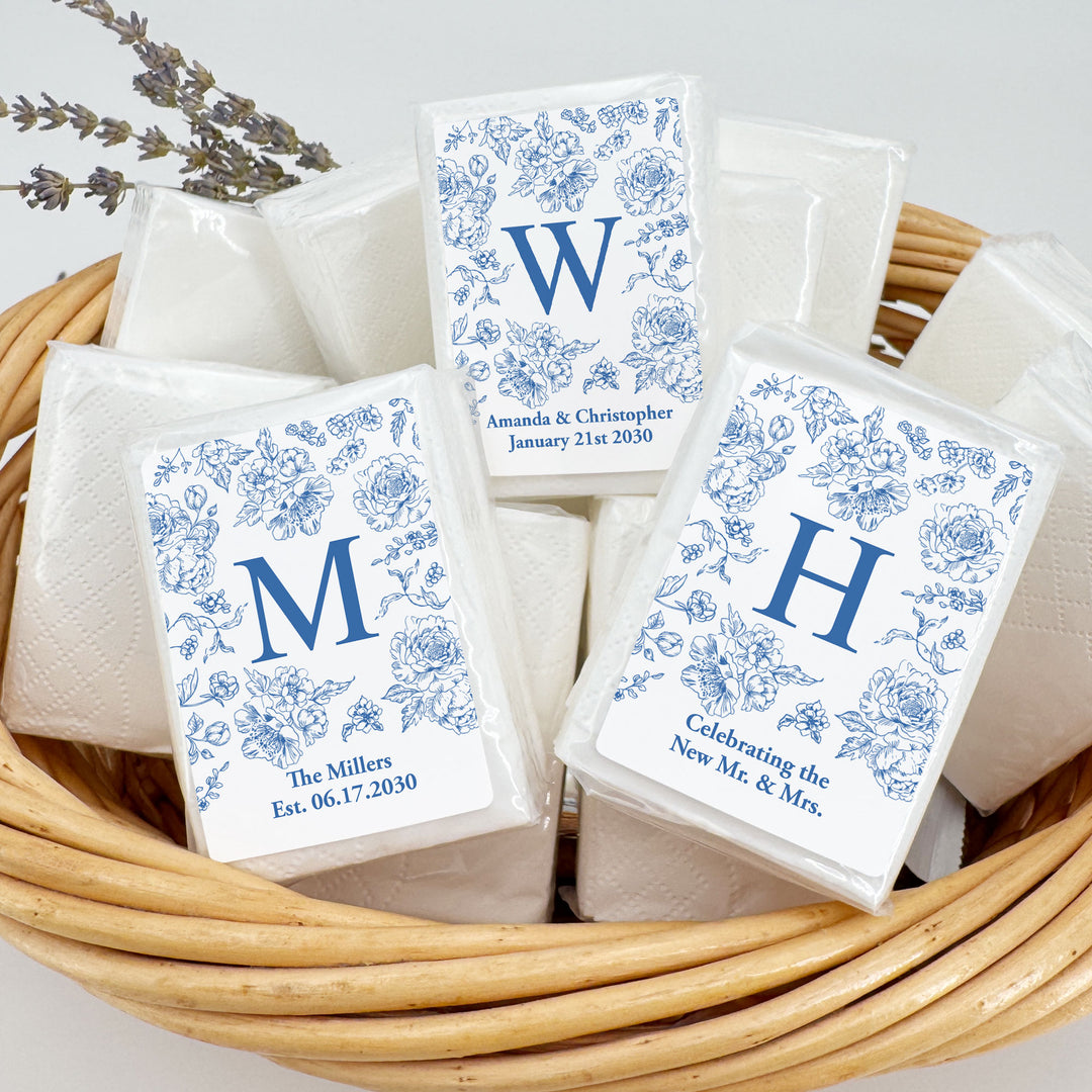Personalized Wedding Guest Tissues, Blue Toile, Blue Chinoiserie Wedding Favors, Pocket Size Tissue Packs