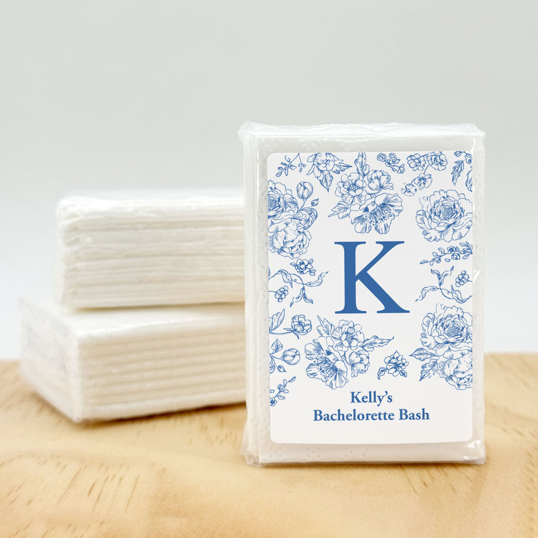 Personalized Wedding Guest Tissues, Blue Toile, Blue Chinoiserie Wedding Favors, Pocket Size Tissue Packs