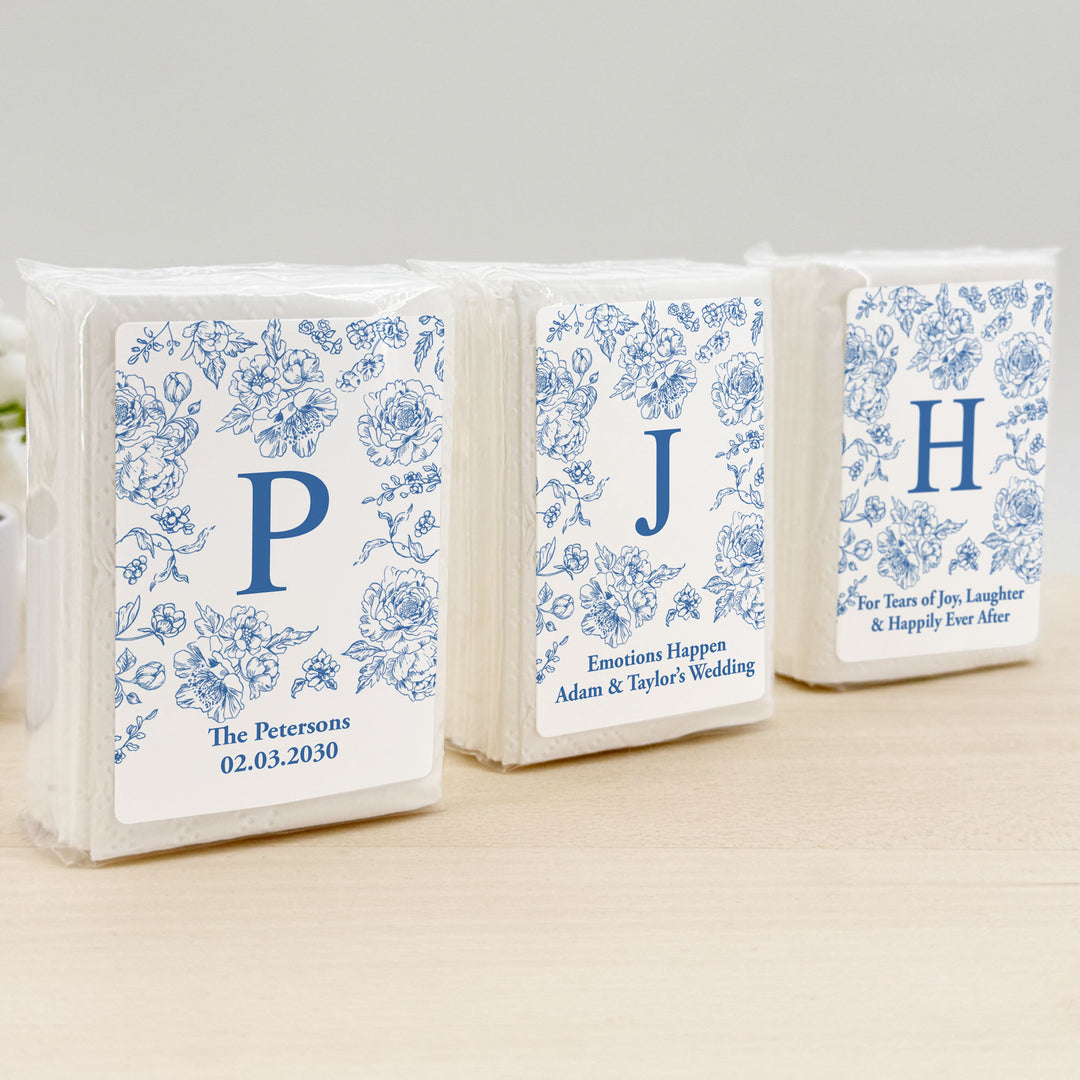 Personalized Wedding Guest Tissues, Blue Toile, Blue Chinoiserie Wedding Favors, Pocket Size Tissue Packs