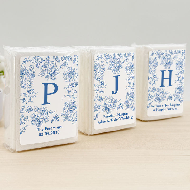 Personalized Wedding Guest Tissues, Blue Toile, Blue Chinoiserie Wedding Favors, Pocket Size Tissue Packs