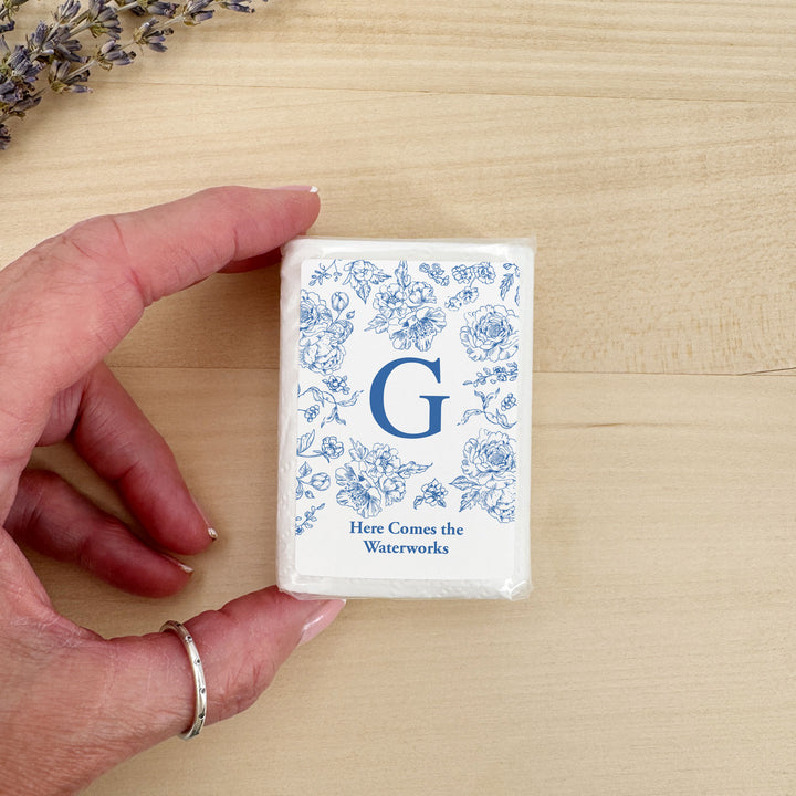 Personalized Wedding Guest Tissues, Blue Toile, Blue Chinoiserie Wedding Favors, Pocket Size Tissue Packs