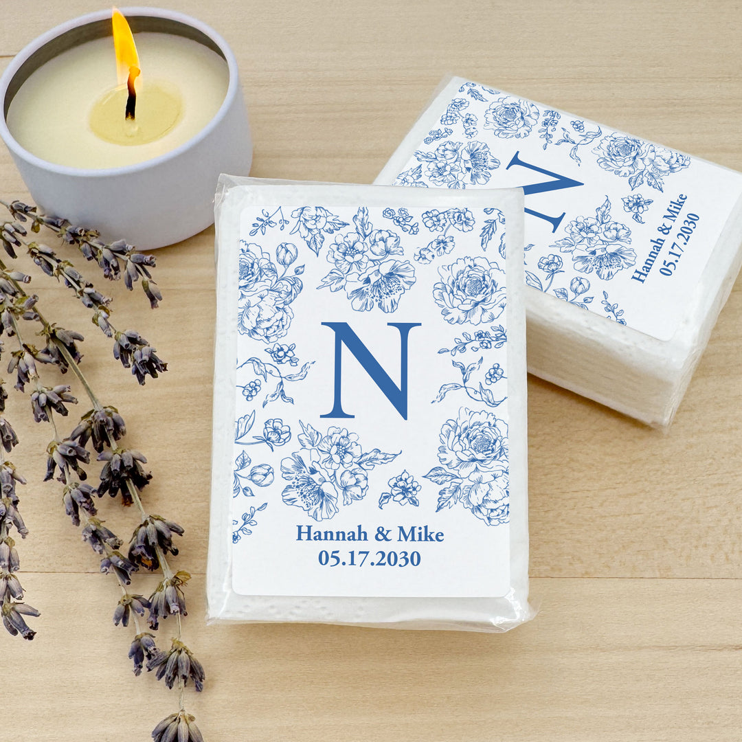 Personalized Wedding Guest Tissues, Blue Toile, Blue Chinoiserie Wedding Favors, Pocket Size Tissue Packs