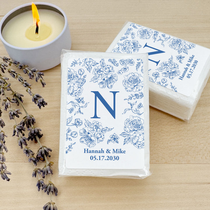 Personalized Wedding Guest Tissues, Blue Toile, Blue Chinoiserie Wedding Favors, Pocket Size Tissue Packs