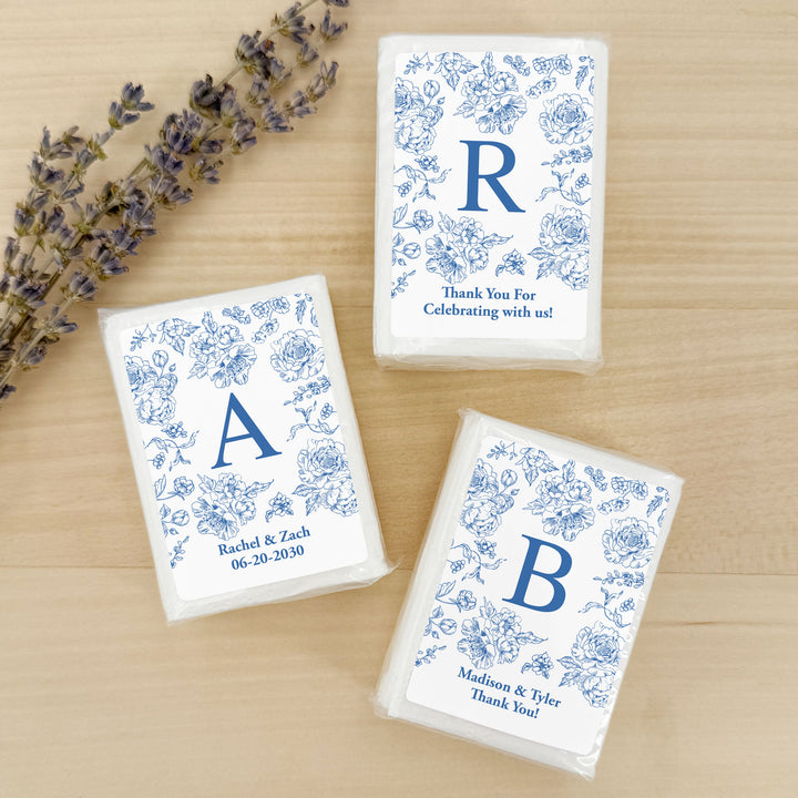 Personalized Wedding Guest Tissues, Blue Toile, Blue Chinoiserie Wedding Favors, Pocket Size Tissue Packs