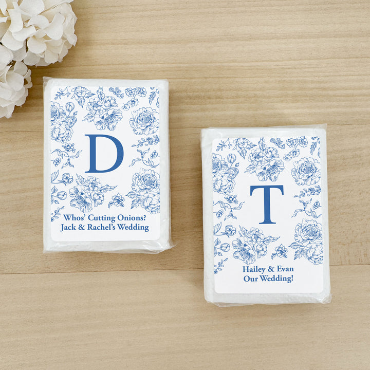 Personalized Wedding Guest Tissues, Blue Toile, Blue Chinoiserie Wedding Favors, Pocket Size Tissue Packs