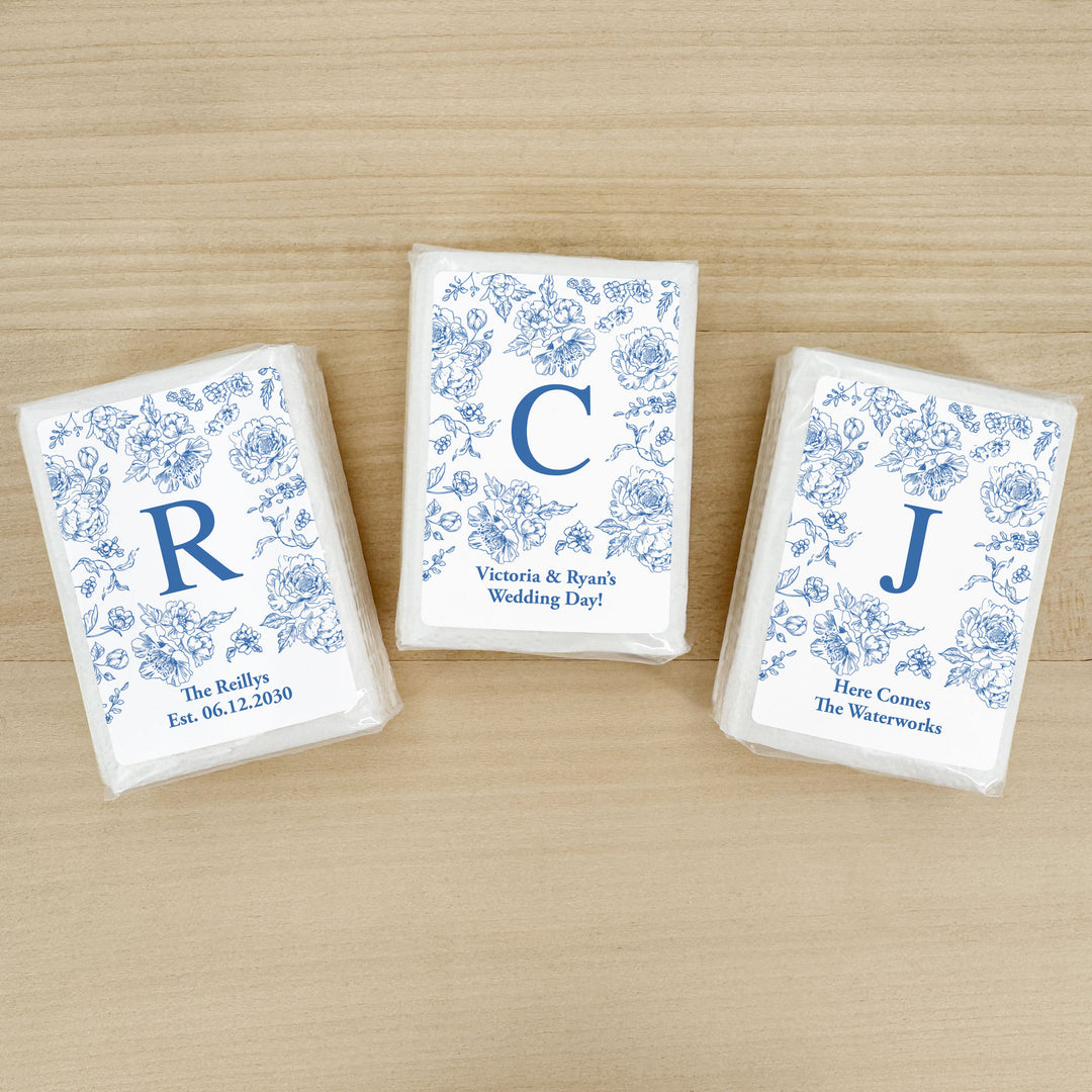 Personalized Wedding Guest Tissues, Blue Toile, Blue Chinoiserie Wedding Favors, Pocket Size Tissue Packs