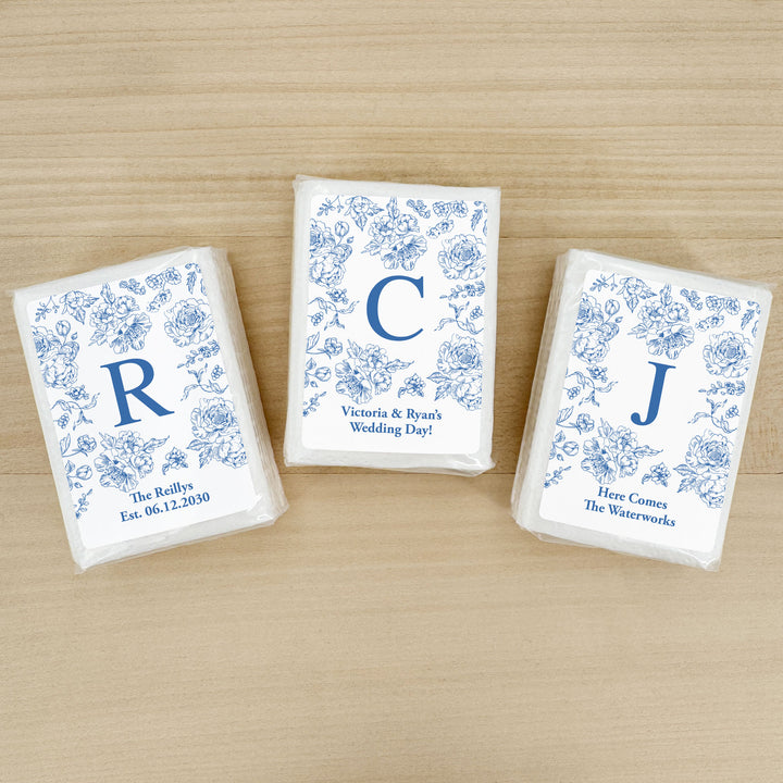 Personalized Wedding Guest Tissues, Blue Toile, Blue Chinoiserie Wedding Favors, Pocket Size Tissue Packs