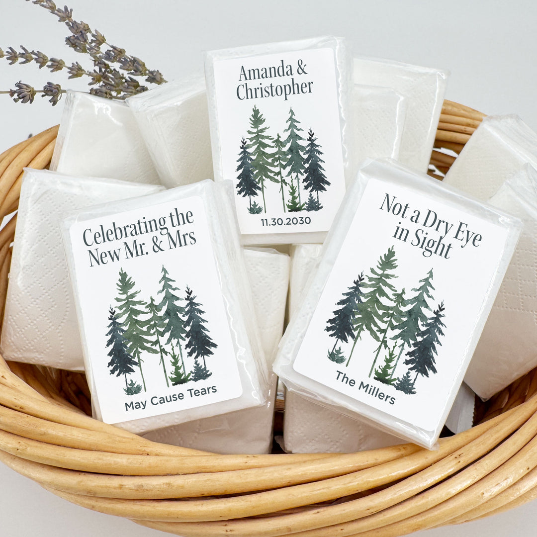 Personalized Wedding Guest Tissues, Rustic Watercolor Pine Tree Design, Pocket Size Tissue Packs