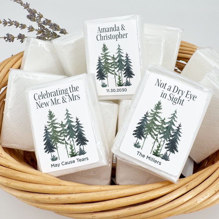 Personalized Wedding Guest Tissues, Rustic Watercolor Pine Tree Design, Pocket Size Tissue Packs