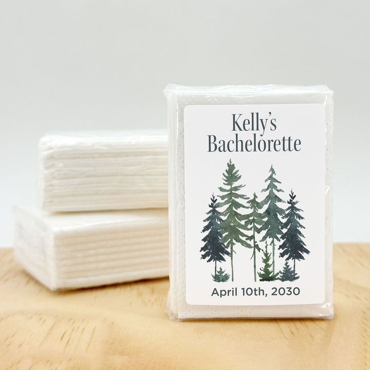 Personalized Wedding Guest Tissues, Rustic Watercolor Pine Tree Design, Pocket Size Tissue Packs