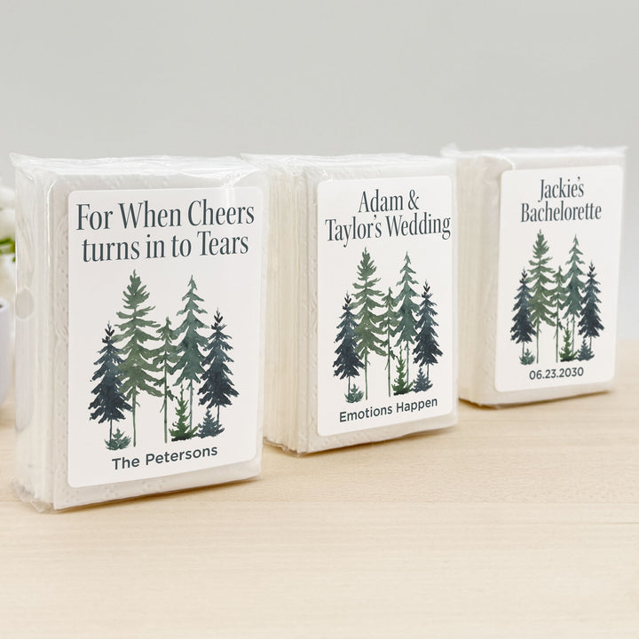 Personalized Wedding Guest Tissues, Rustic Watercolor Pine Tree Design, Pocket Size Tissue Packs