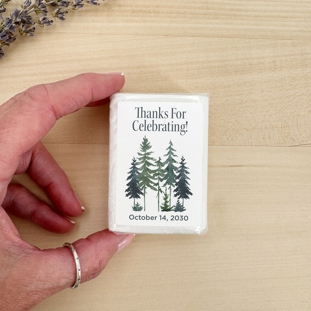 Personalized Wedding Guest Tissues, Rustic Watercolor Pine Tree Design, Pocket Size Tissue Packs