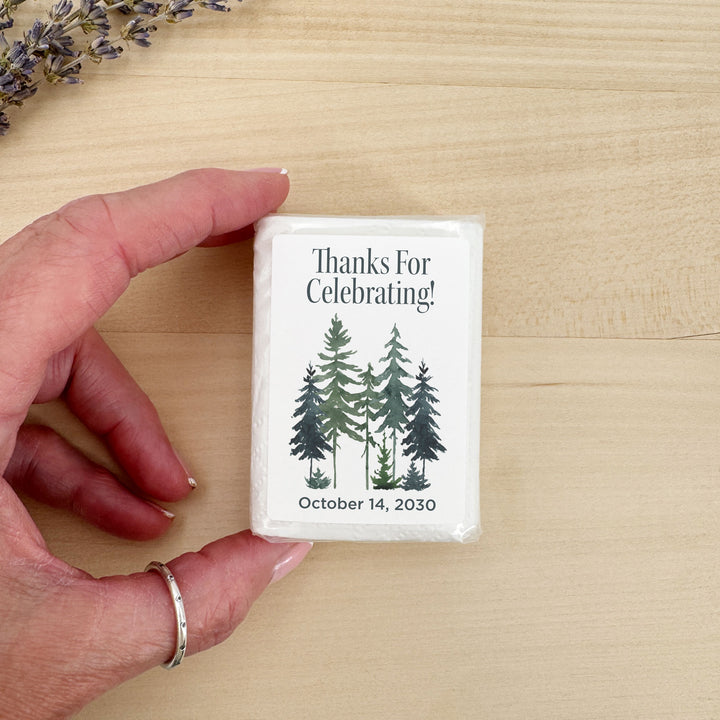 Personalized Wedding Guest Tissues, Rustic Watercolor Pine Tree Design, Pocket Size Tissue Packs