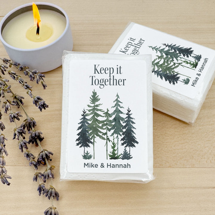 Personalized Wedding Guest Tissues, Rustic Watercolor Pine Tree Design, Pocket Size Tissue Packs
